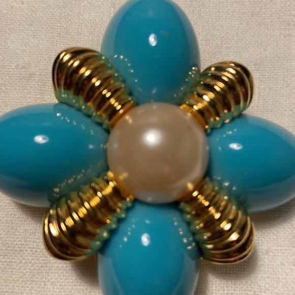 Vintage 90s Joan Rivers Cruciform Faux Pearl And Turquoise Brooch - Picture 7 of 12